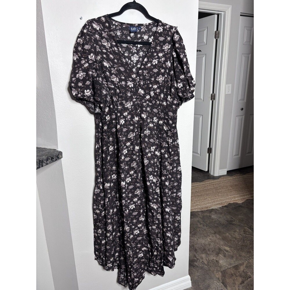 Gap lrg Midi Dress Puff Sleeve V-Neck Cottagecore Brown Floral Puff Sleeves